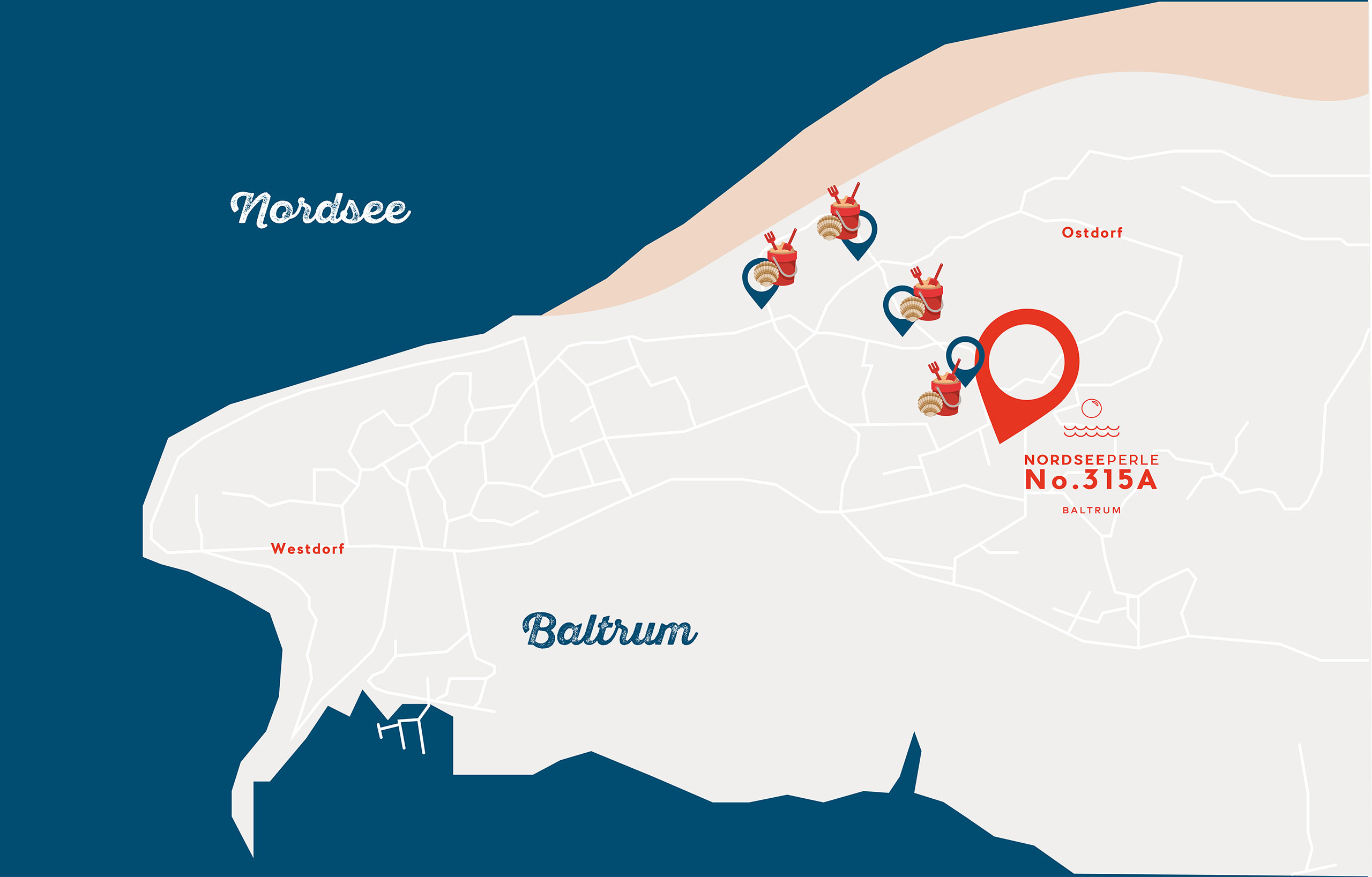 Grafik der Westseite von Baltrum von oben mit Location des Ferienhauses Nordseeperle